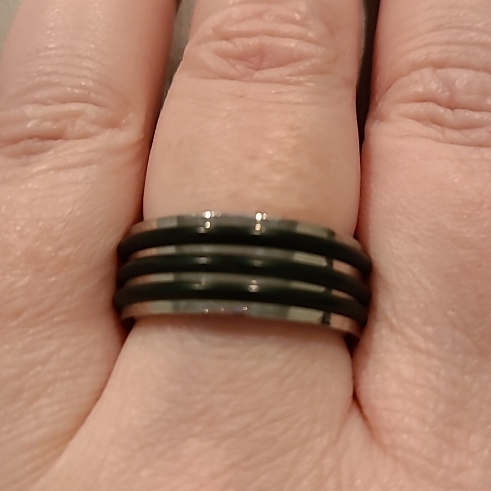 Black and silver stainless steel ring